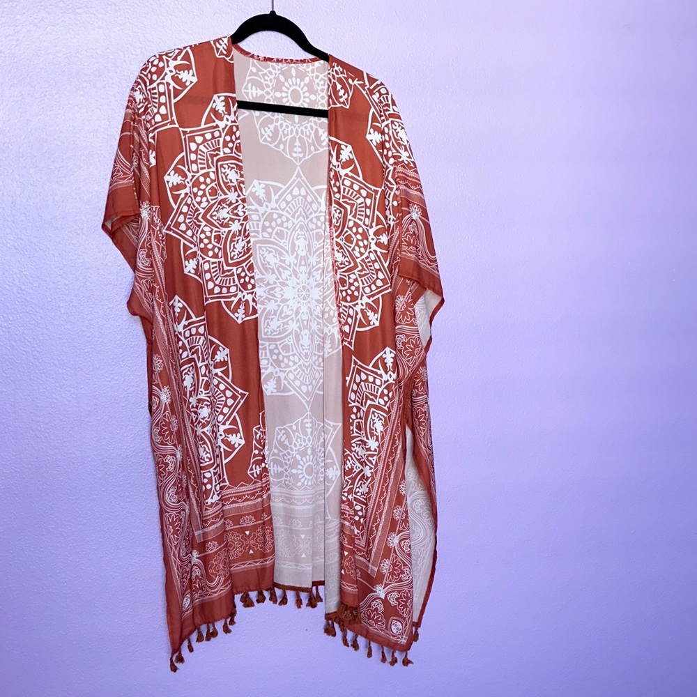 Bohemian Burnt Orange and White Kimono with tassels lining bottom